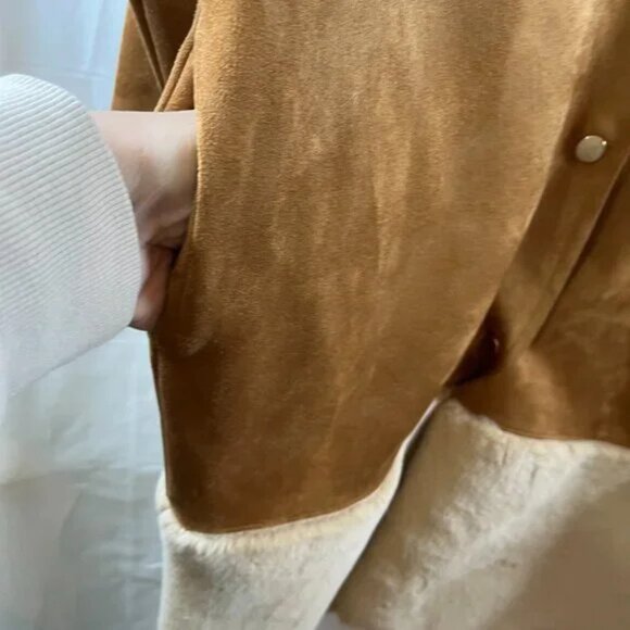 Zara Jacket Womens Small Suede & Fur Brown Golden Snap Buttons Classy Preppy - Picture 10 of 10